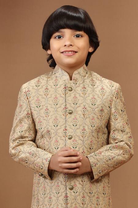 Shop_Kora By Nilesh Mitesh_Beige Silk Embroidery Zari Sherwani Set_Online_at_Aza_Fashions