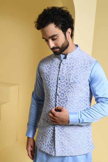 Shop Kustomeyes Blue Cotton, Silk Embroidery Geometric Bundi And Kurta Set Online at Aza Fashions Shop_Kustomeyes_Blue Cotton, Silk Embroidery Geometric Bundi And Kurta Set _Online_at_Aza_Fashions