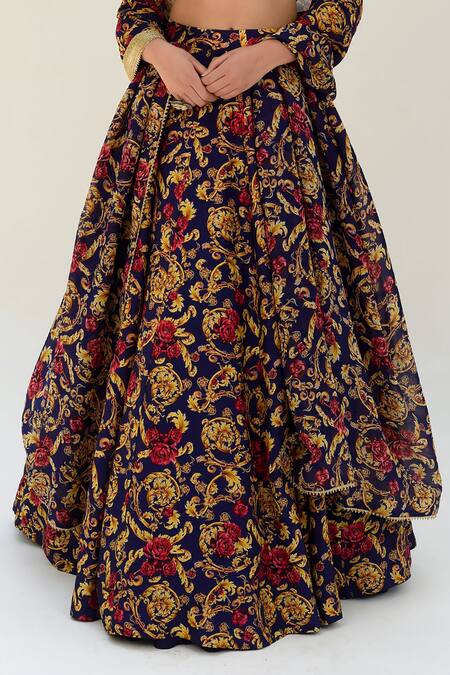 Shop_Sanam_Blue Silk Embroidery V-neck Versailles Floral Pattern Blouse Lehenga Set _Online_at_Aza_Fashions