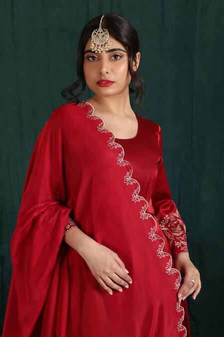 Shop_The Aarya_Red Silk, Maheshwari Zari, Embroidery Placement Floral Anarkali And Palazzo Set _Online_at_Aza_Fashions