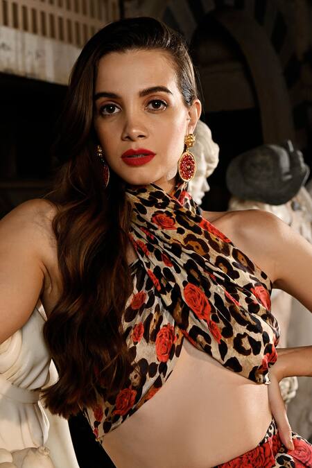 Shop_Sanam_Multi Color Silk Halter Neck Perla Draped Top And Trouser Set _Online_at_Aza_Fashions