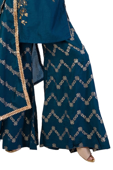 Shop Meghna Shah Blue Denim Beads, Stones V-neck Embroidered Kurta Palazzo Set Online at Aza Fashions Shop_Meghna Shah_Blue Denim Beads, Stones V-neck Embroidered Kurta Palazzo Set _Online_at_Aza_Fashions