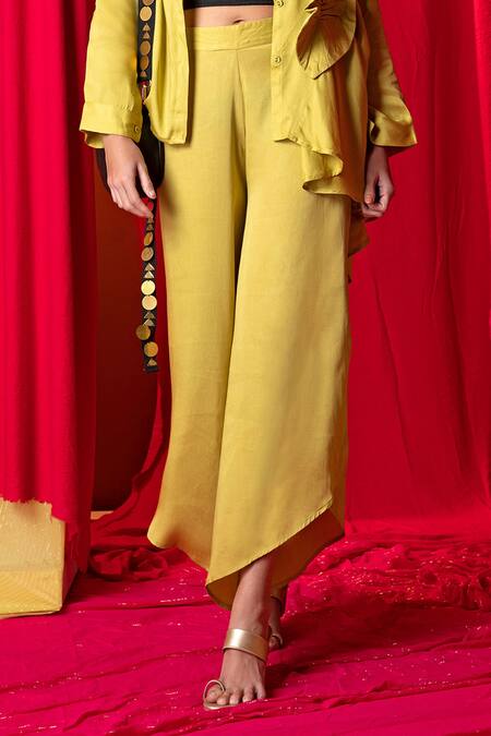 Shop_Enech_Yellow Muslin Modal Shirt Collar Asymmetric And Pant Set _Online_at_Aza_Fashions