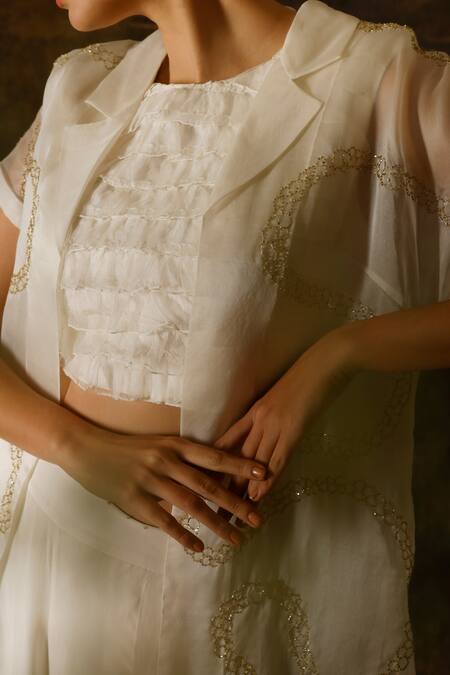 Shop_Eclat By Prerika Jalan_Ivory Organza, Satin, Crepe, Muslin Cut Work, Embroidery Jacket Pant Set _Online_at_Aza_Fashions