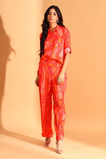 Shop_Moh India_Coral Cupro And Copper Silk Paisley Trouser _Online_at_Aza_Fashions