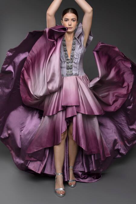 Shop_Anjum Qureshi_Pink Satin Hand Embroidered Beads Plunge Neck Asymmetrical Gown _Online_at_Aza_Fashions
