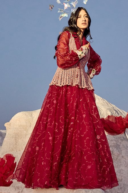 Shop_Nikita Vishakha_Red Jersey Embroidery V-neck Cuff Gown With Jacket _Online_at_Aza_Fashions