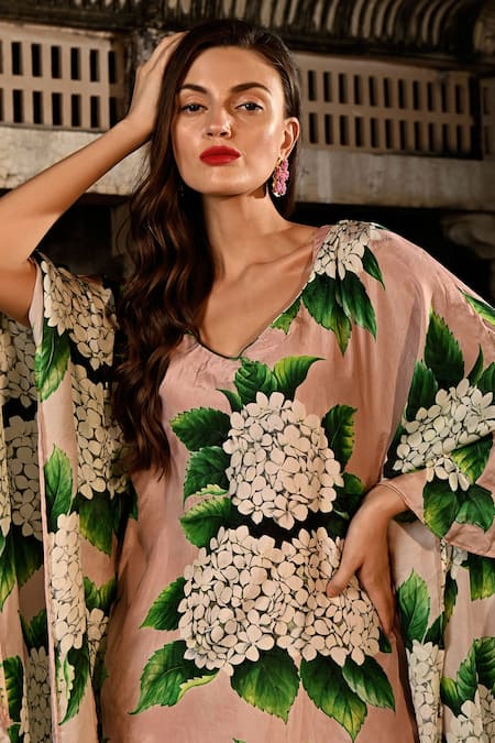 Shop_Sanam_Multi Color Silk V-neck Sophie Floral Pattern Kaftan Dress _Online_at_Aza_Fashions