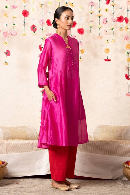 Shop_Marche_Pink Kurta  Chanderi, Pant  Cotton V Neck A-line And Set _Online_at_Aza_Fashions