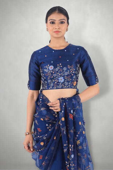I Am Design Blue Raw , Organza Aari Crew Neck Embroidered Saree With Blouse at Aza Fashions I Am Design_Blue Raw , Organza Aari Crew Neck Embroidered Saree With Blouse _at_Aza_Fashions