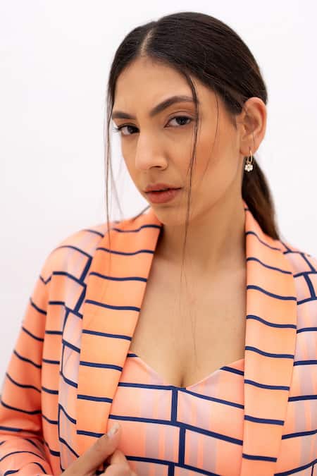 Shop_Kritika Madan Label_Blue Papaya Twill Printed Stripes Blazer Shawl Collar Tassel Pant Set_Online_at_Aza_Fashions