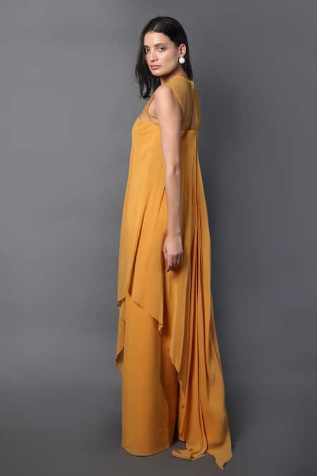 Shop_Swatee Singh_Yellow Crepe, Georgette Round Neck Sheer Yoke Jumpsuit _Online_at_Aza_Fashions