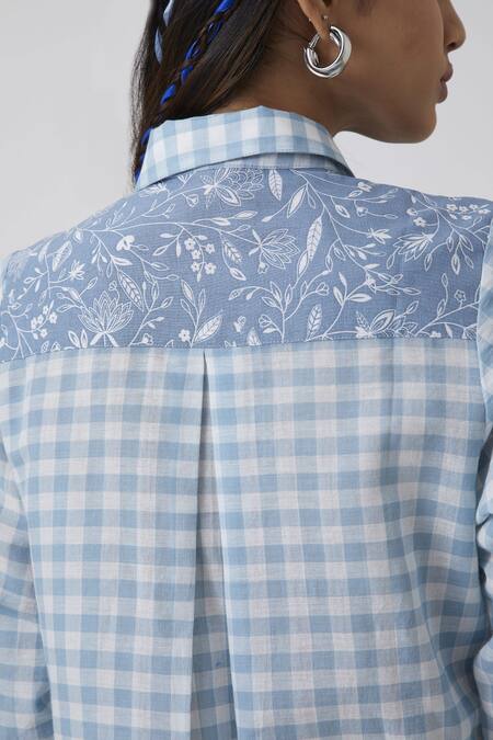 Shop The Summer House Blue Cotton, Linen Embroidery Collared Mishka Gingham Pattern Midi Dress Online at Aza Fashions Shop_The Summer House_Blue Cotton, Linen Embroidery Collared Mishka Gingham Pattern Midi Dress_Online_at_Aza_Fashions