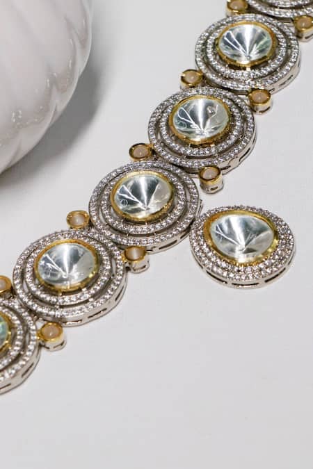 Shop Ishhaara Gold Plated Diamonds, Stones American Embellished Choker Necklace Set Online at Aza Fashions Shop_Ishhaara_Gold Plated Diamonds, Stones American Embellished Choker Necklace Set _Online_at_Aza_Fashions