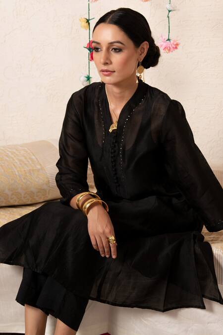 Shop_Marche_Black Kurta  Chanderi, Pant  Cotton V Neck A-line And Set _Online_at_Aza_Fashions