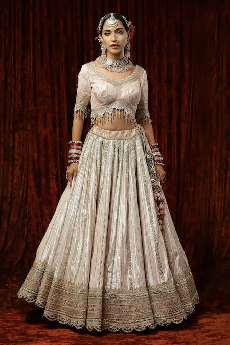 Buy_Shikhar Sharma_Pink Lehenga Cotton Shimmer Chanderi Gulabi Tara Chhadee Bridal Set _Online_at_Aza_Fashions
