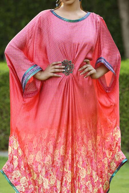 Shop_Shilpi Gupta_Coral Modal Satin Floral, Boota Patch V Neck Print Kaftan Tunic_Online_at_Aza_Fashions