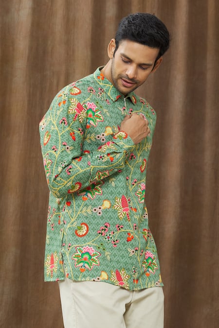 Buy_Siddhartha Bansal_Green Cotton Satin Floral Print Shirt _Online_at_Aza_Fashions