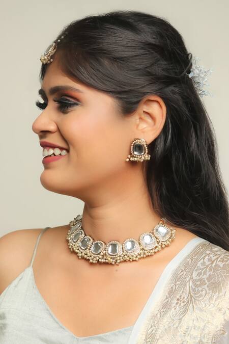 Shop_Ishhaara_Gold Plated Diamonds, Stones Kundan Embellished Necklace Set With Maangtikka _Online_at_Aza_Fashions