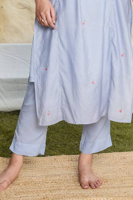 Shop_Tatwa_Blue Handloom Cotton, Viscose Embroidery Round Neck Placement Kurta And Pant Set _Online_at_Aza_Fashions