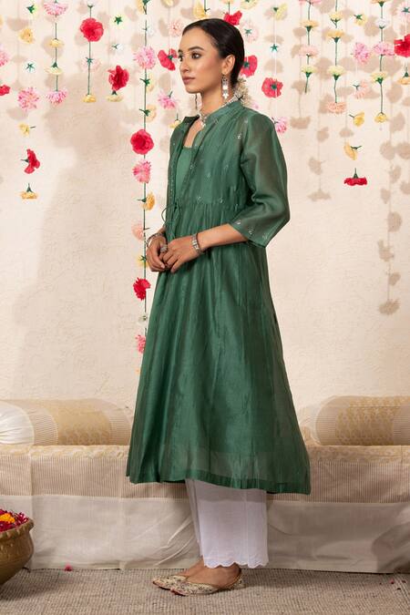 Shop Marche Emerald Green Cape Chanderi, Inner And Pant Cotton Round Paneled & Set Online at Aza Fashions Shop_Marche_Emerald Green Cape Chanderi, Inner And Pant Cotton Round Paneled & Set _Online_at_Aza_Fashions