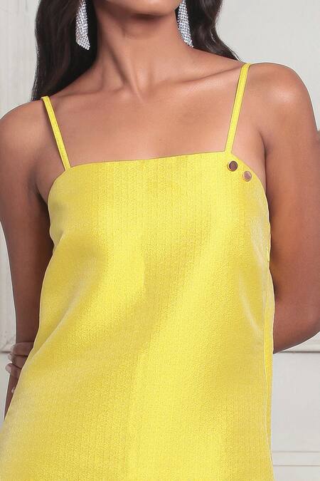 Shop Couché By Anandini Yellow Tussar Square Neck Plain Tussord Tweed Midi Slit Dress Online at Aza Fashions Shop_Couché By Anandini_Yellow Tussar Square Neck Plain Tussord Tweed Midi Slit Dress _Online_at_Aza_Fashions