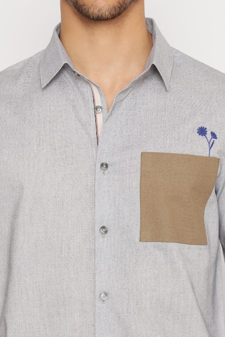 Shop_Lacquer Embassy_Grey Cotton Embroidery Plowden Textured Shirt _Online_at_Aza_Fashions