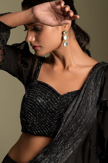 Shop Two Sisters By Gyans Black Organza, Satin, Blouse Organza, Saree Shimmer Pre-draped Ruffle With Online at Aza Fashions Shop_Two Sisters By Gyans_Black Organza, Satin, Blouse Organza, Saree Shimmer Pre-draped Ruffle With _Online_at_Aza_Fashions