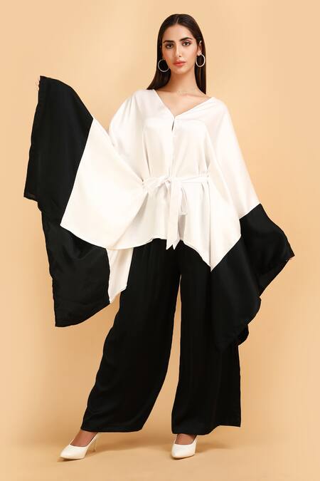 Shop_Label Ivish_Black Silk V-neck And White Kimono Jacket Trouser Set _Online_at_Aza_Fashions