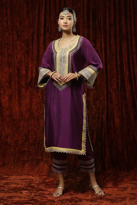 Shop Shikhar Sharma Purple Silk Chanderi Embroidered Pearl Round Neck Kurta Pant Set Online at Aza Fashions Shop_Shikhar Sharma_Purple Silk Chanderi Embroidered Pearl Round Neck Kurta Pant Set _Online_at_Aza_Fashions
