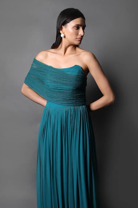 Shop Swatee Singh Blue Georgette Asymmetric Pleated Gown Online at Aza Fashions Shop_Swatee Singh_Blue Georgette Asymmetric Pleated Gown _Online_at_Aza_Fashions