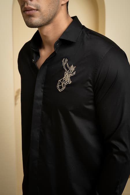 Shop_Hilo Design_Black Gingham Embroidery Perto Reindeer Shirt _Online_at_Aza_Fashions