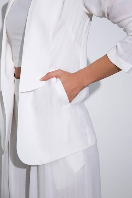 Pocketful Of Cherrie_White Crepe Collared Lapel Jacket_Online_at_Aza_Fashions