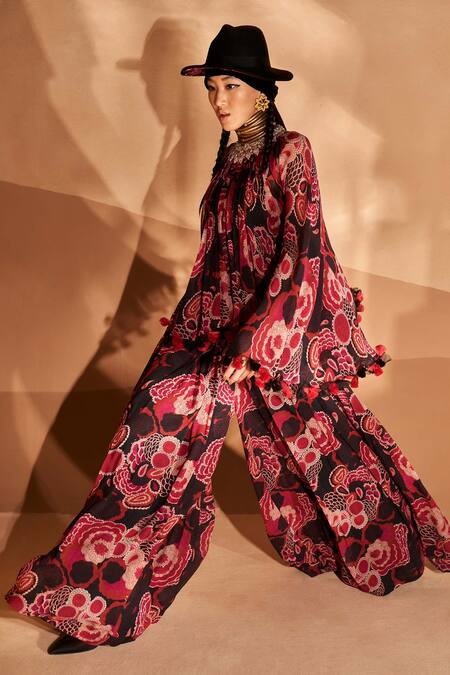 Buy_Bhumika Sharma_Black Georgette Tassels, Embroidery Round Printed Poncho Top And Flared Pant Set _Online_at_Aza_Fashions