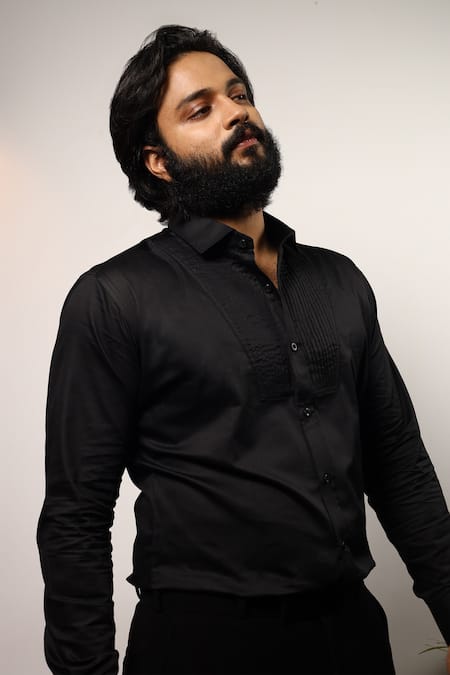 Shop_Hilo Design_Black Cotton Satin Pintuck Shirt _Online_at_Aza_Fashions