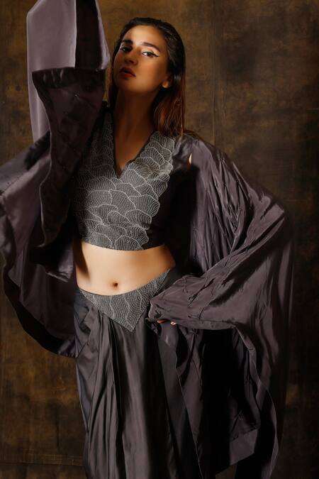 Shop_Eclat By Prerika Jalan_Grey Modal, Crepe, Silk, Satin Beads V-neck Asymmetric Cape And Draped Skirt Set _Online_at_Aza_Fashions