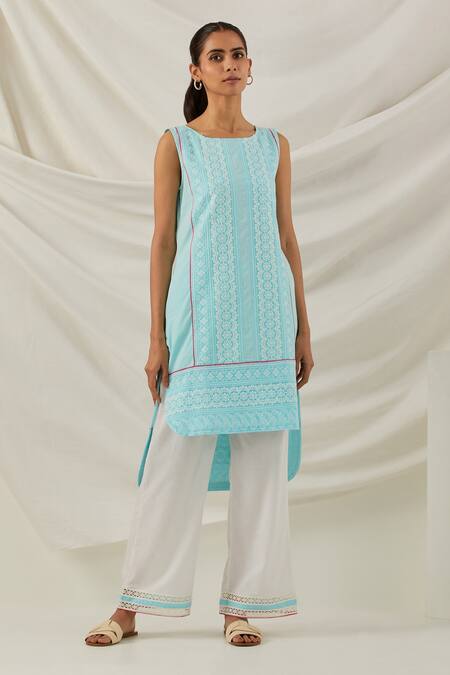 Shop_The Indian Cause_Blue Cotton Piping, Lace, Embroidery Round Neck Chikankari Kurta Palazzo Set_Online_at_Aza_Fashions