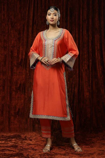 Shop_Shikhar Sharma_Orange Silk Chanderi Embroidered Pearl Round Kurta Pant Set _Online_at_Aza_Fashions
