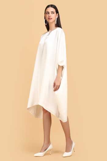 Shop_Label Ivish_Off White Silk, Velvet Keyhole Neck Front Tie-up Asymmetric Kaftan _Online_at_Aza_Fashions