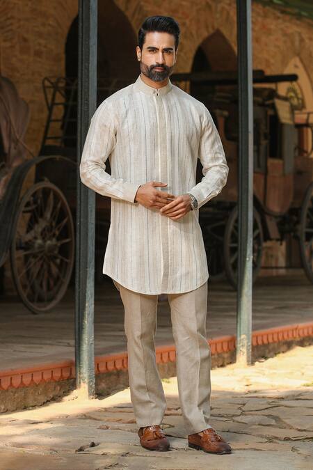 Shop_Raw & Rustic By Niti Bothra_Beige 60 Lea, European Flax Certified Pure Linen Striped Short Kurta_Online_at_Aza_Fashions