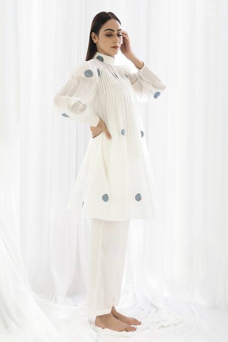 Shop_Khat_White , Handloom High Neck Pleated And Polka Pattern Tunic & Pant Set _Online_at_Aza_Fashions