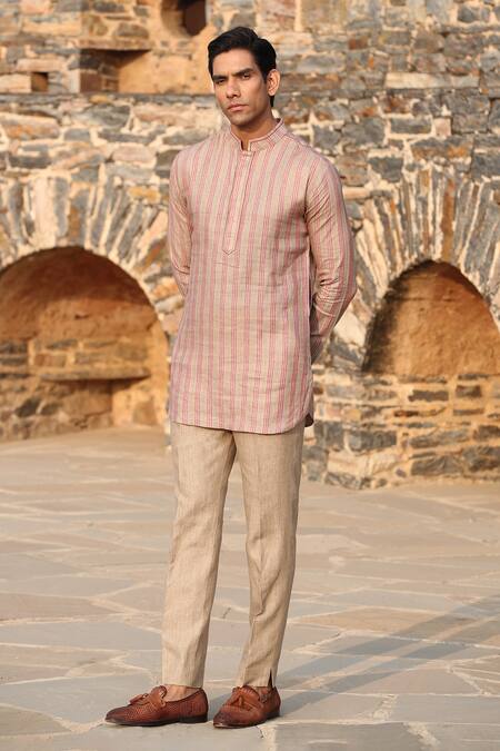 Buy_Raw & Rustic By Niti Bothra_Red Linen Embroidery Bundi And Striped Kurta Set _Online_at_Aza_Fashions