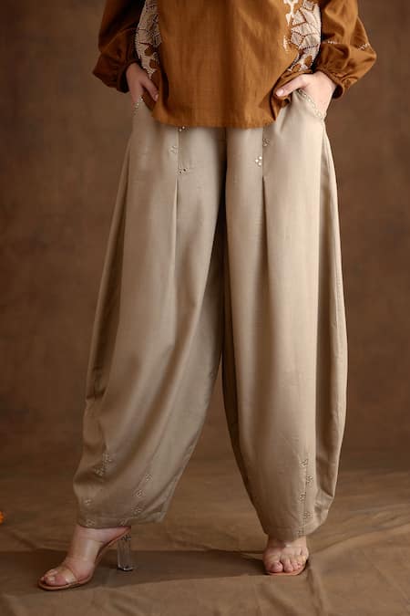 Shop_Nikasha_Beige Rayon Embroidery Placement Baggy Pant _Online_at_Aza_Fashions