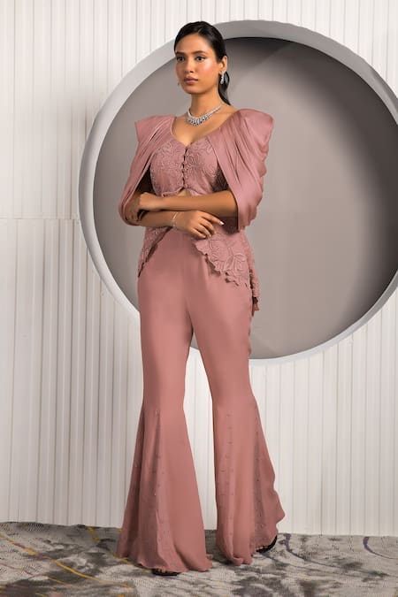 Shop Jade By Ashima Brown Crepe Embroidery Chrysanthemum Floral Jacket And Bell Bottoms Pant Set Online at Aza Fashions Shop_Jade By Ashima_Brown Crepe Embroidery Chrysanthemum Floral Jacket And Bell Bottoms Pant Set _Online_at_Aza_Fashions