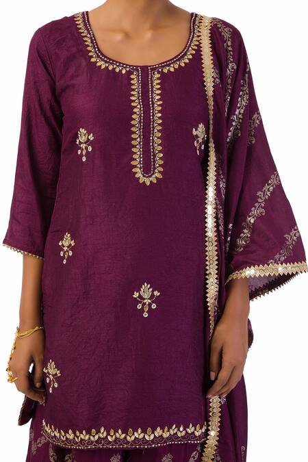 Shop Meghna Shah Wine Denim Beads, Stones Round Neck Embroidered Kurta With Printed Palazzo Set Online at Aza Fashions Shop_Meghna Shah_Wine Denim Beads, Stones Round Neck Embroidered Kurta With Printed Palazzo Set _Online_at_Aza_Fashions
