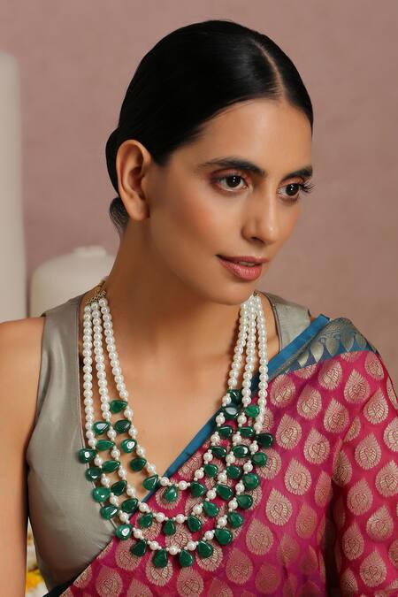 Shop Swabhimann Green Pearl Embellished Layered Necklace Online at Aza Fashions Shop_Swabhimann_Green Pearl Embellished Layered Necklace _Online_at_Aza_Fashions