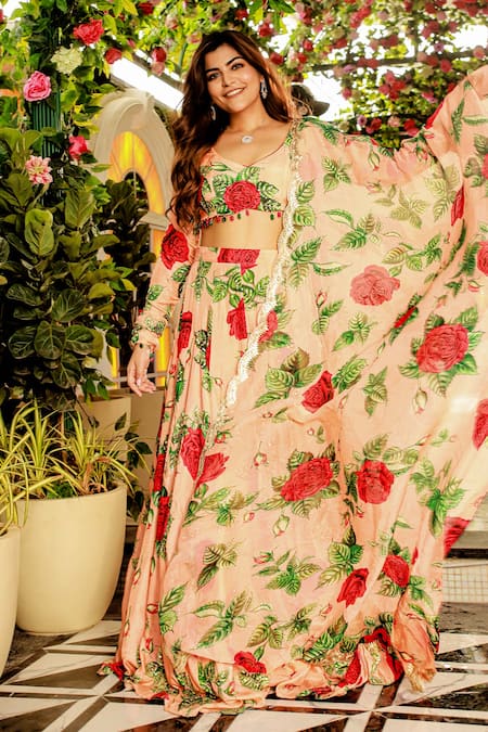 Sanam_Peach Silk Sequins, Embroidery, Stones Rosette Print Lehenga Set _at_Aza_Fashions