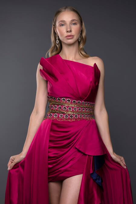 Shop_Anjum Qureshi_Fuchsia Satin Hand Embroidered Thread Tube Neck Structured Cowl Gown _Online_at_Aza_Fashions