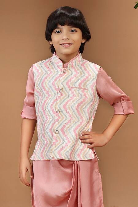 Shop Kora By Nilesh Mitesh Multi Color Silk Gota Patti, Embroidery Chevron Print Bundi Kurta Set Online at Aza Fashions Shop_Kora By Nilesh Mitesh_Multi Color Silk Gota Patti, Embroidery Chevron Print Bundi Kurta Set_Online_at_Aza_Fashions