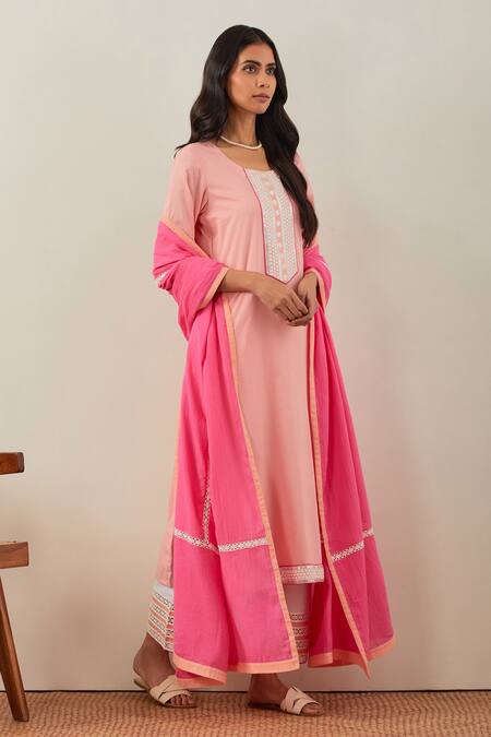 Shop_The Indian Cause_Peach Cotton Embroidery Round Neck Rozana Straight Kurta And Palazzo Set _Online_at_Aza_Fashions